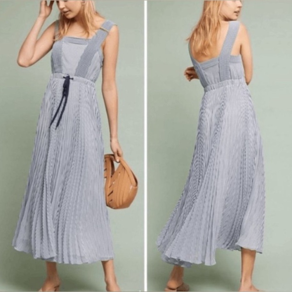 Maeve White and Blue Pleated Tie Front Midi Sundress
